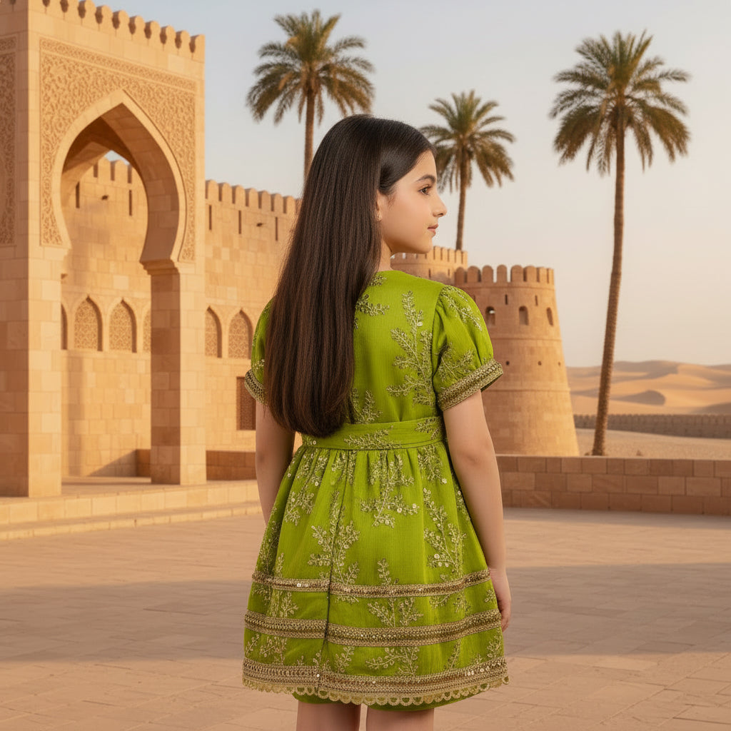 Girls Dress Omani Lime Green Floral Embroidered-Sequined Heritage Wear | (Age 2 Years) | MH