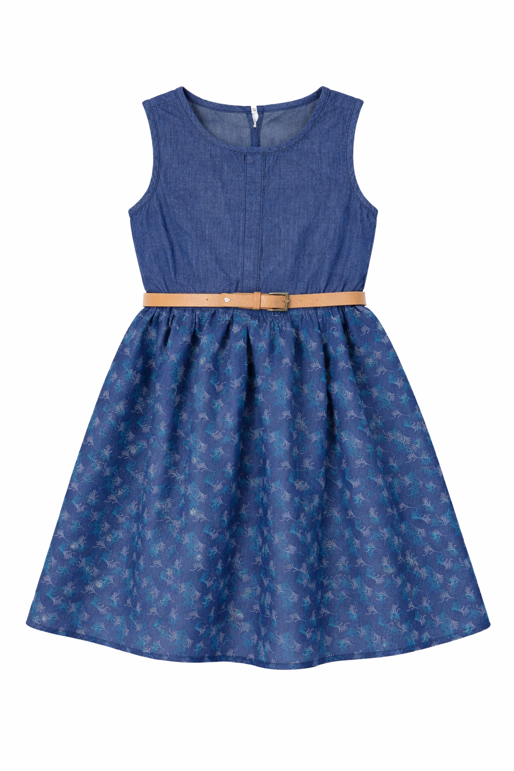 Sleeveless Navy Denim Floral Chambray Dress for Girls with Tan Belt | MH Kids Casual Sundress
