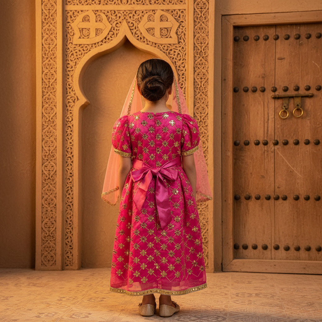 Pink Gold Embroidered Girls Abaya Dress with Belt - Modest Islamic Kaftan for Kids | 6 & 8 Years | MH