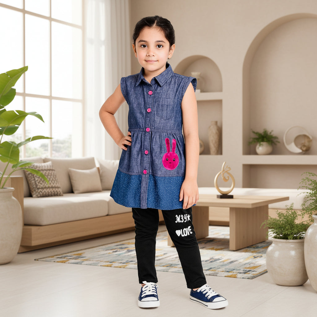 Sleeveless Button-Front Denim Dress with Cute Bunny Patch Detail |MH Size (2-12Years)