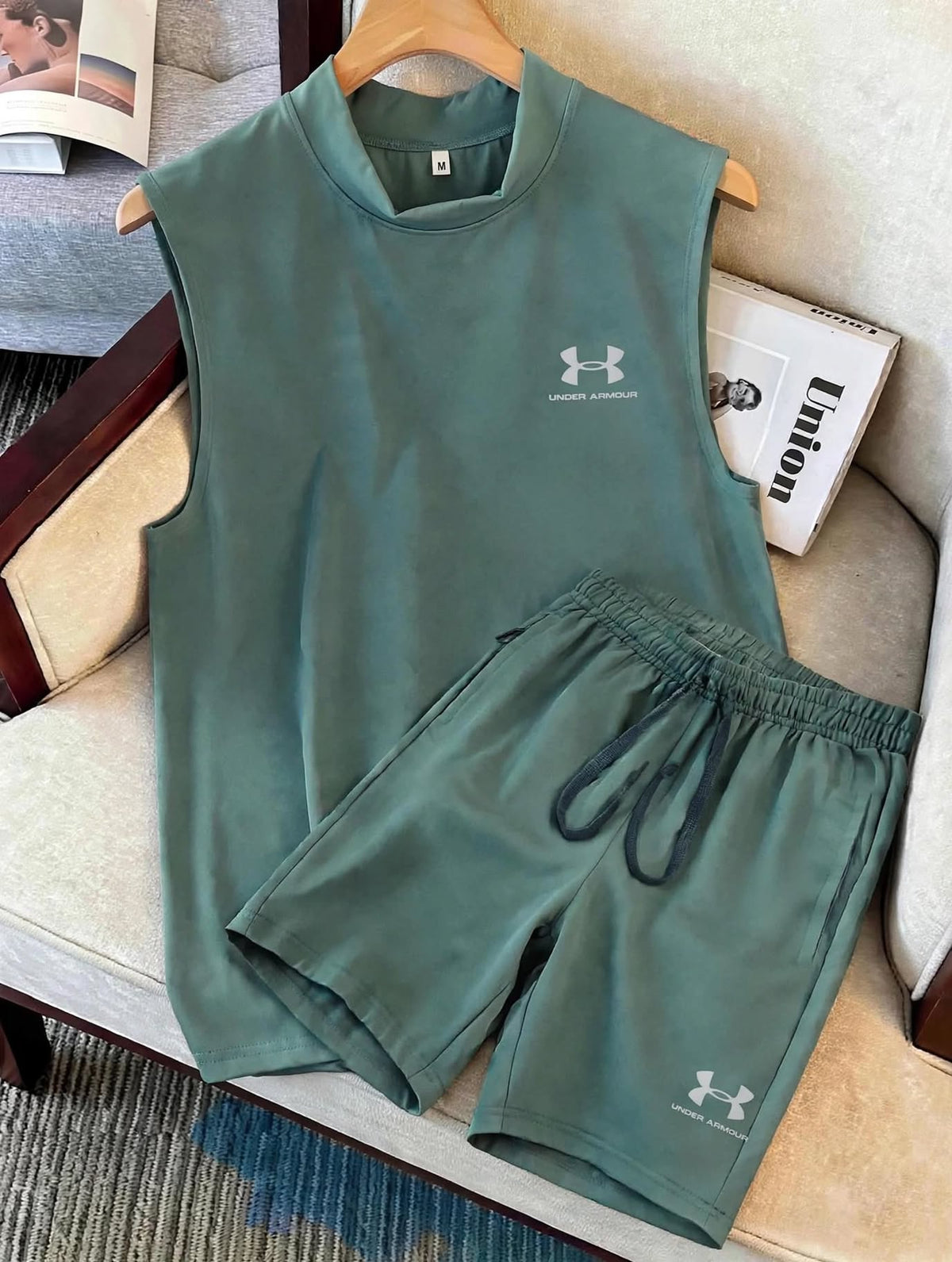 Men's 2-Piece Gym Set - Sleeveless Mock Neck Tank Top and Athletic Shorts Co-Ord in Sage Green