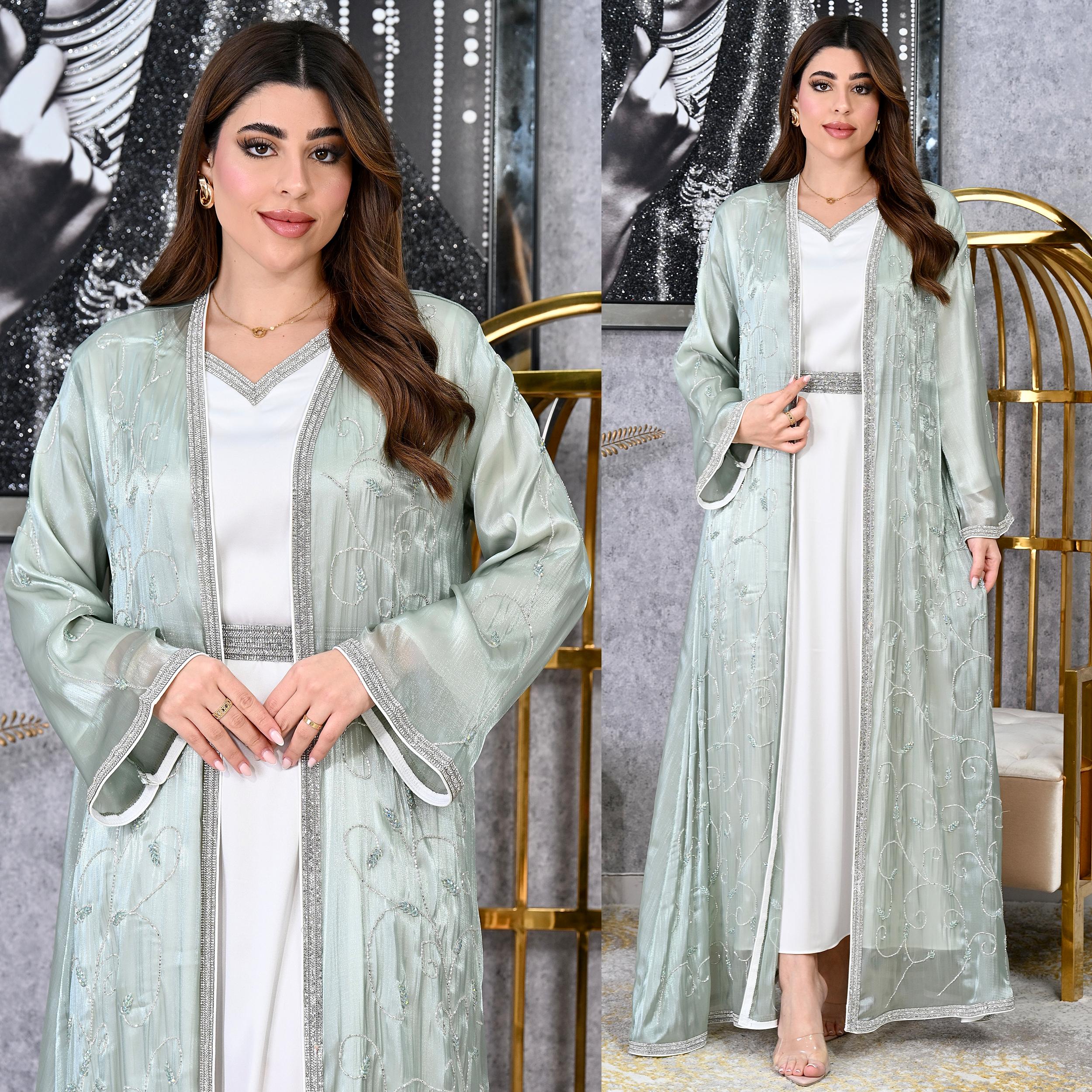 Diamond Trim Embroidered Kaftan with Inner Dress | Modest Evening Wear | 4 Colors | Sizes S-XL | MH
