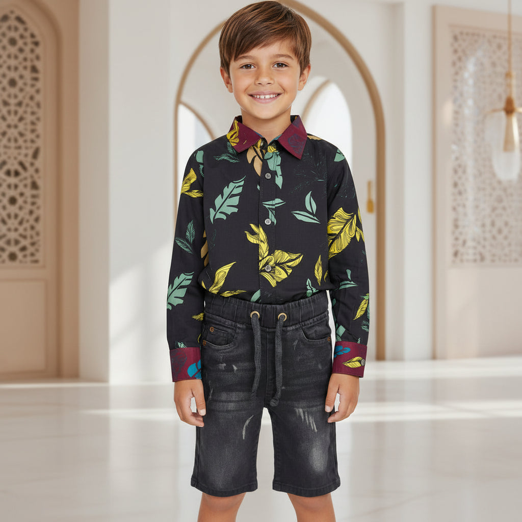 Stylish Printed Button-Up Shirt with Denim Shorts Kids Outfit Set |MH Size (1-12Years)