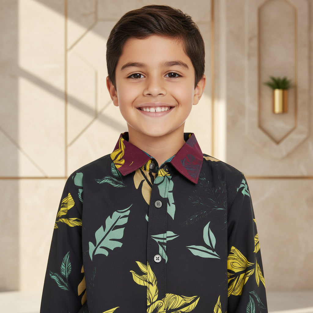 Stylish Printed Button-Up Shirt with Denim Shorts Kids Outfit Set |MH Size (1-12Years)