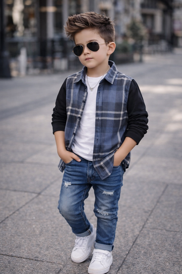 Trendy Kids Cotton Long Sleeve Shirt – Check Pattern & Knit Sleeve Design (1-12yrs)MH