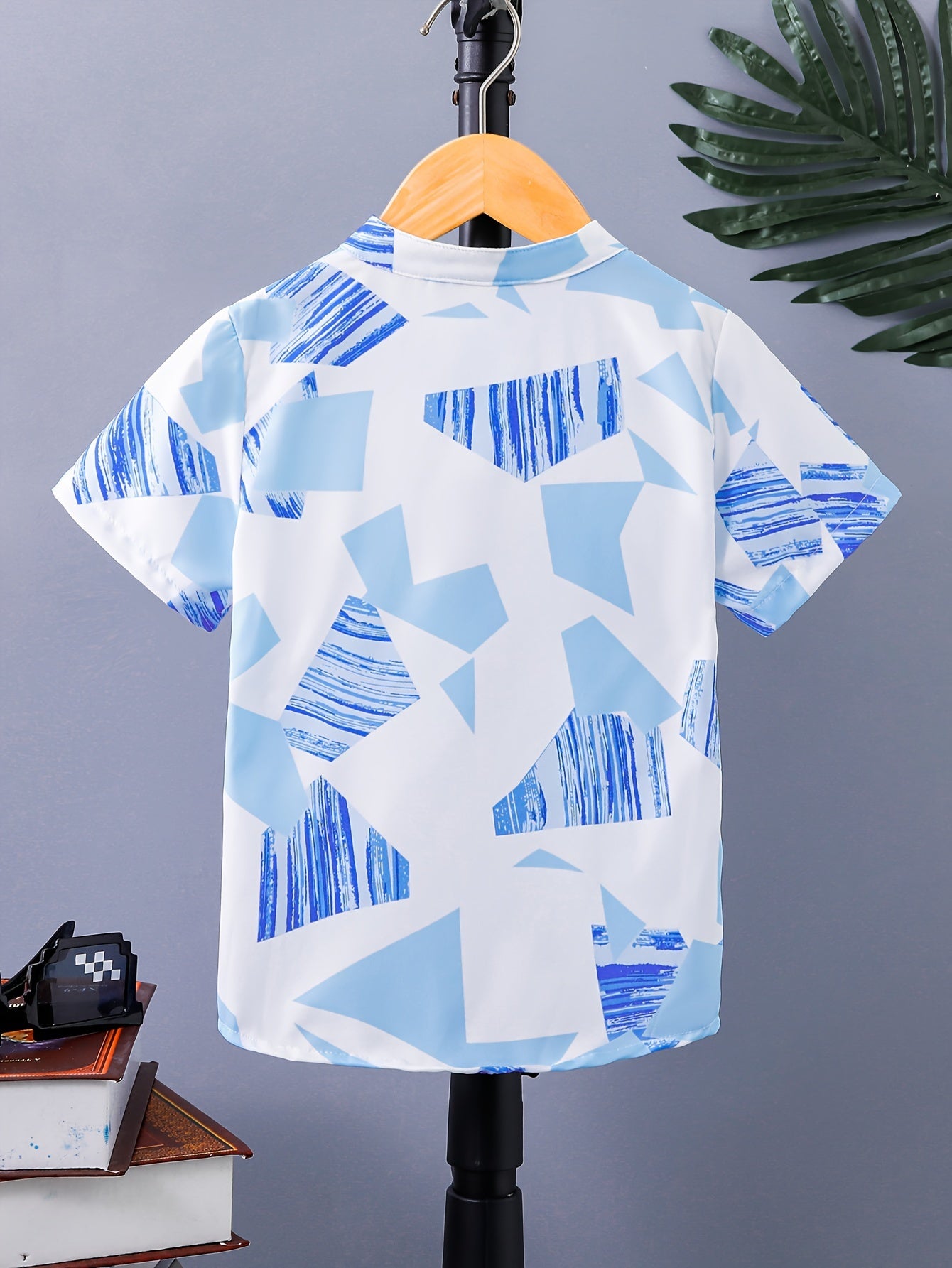 Boy's Creative Geo Color Block Stand Collar Button Down Shirt,