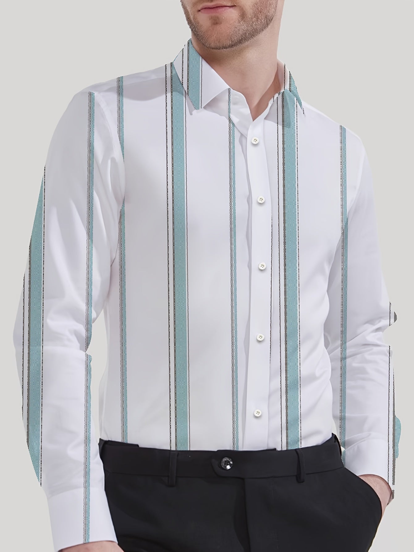 Men's Striped Lapel Collar Dress Shirts, Long Sleeve .