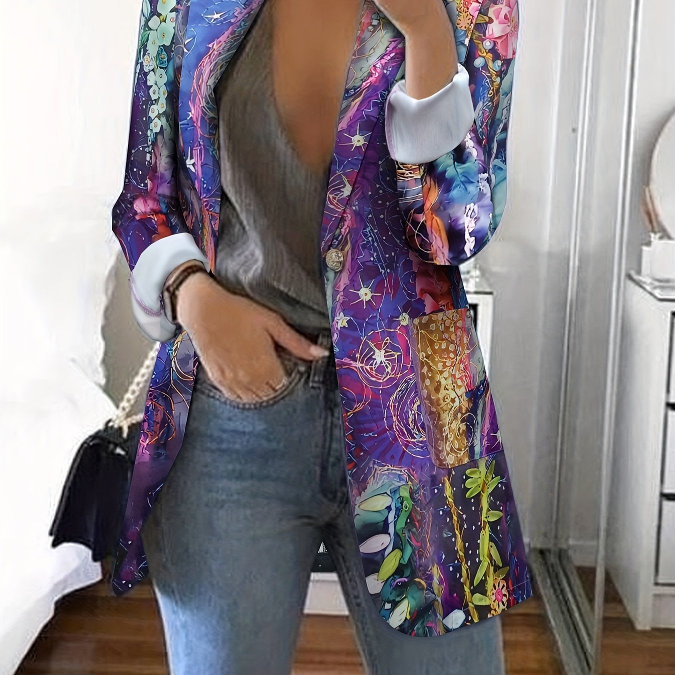 Letter Print Lapel Blazer, Casual One Button Long Sleeve Outerwear,