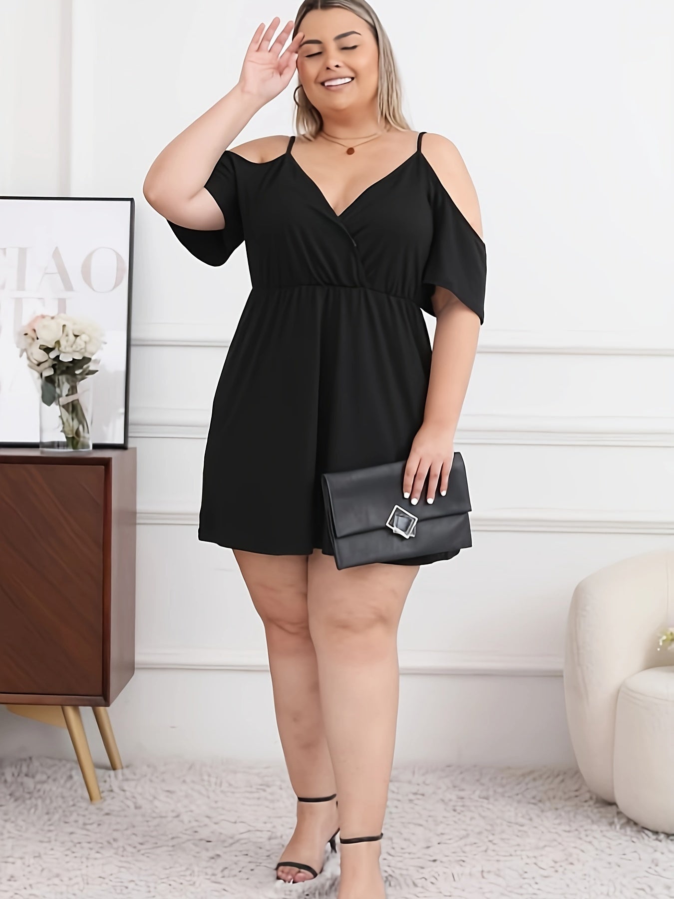 Plus Size Solid Cinched Waist Cold Shoulder Dress,/MH