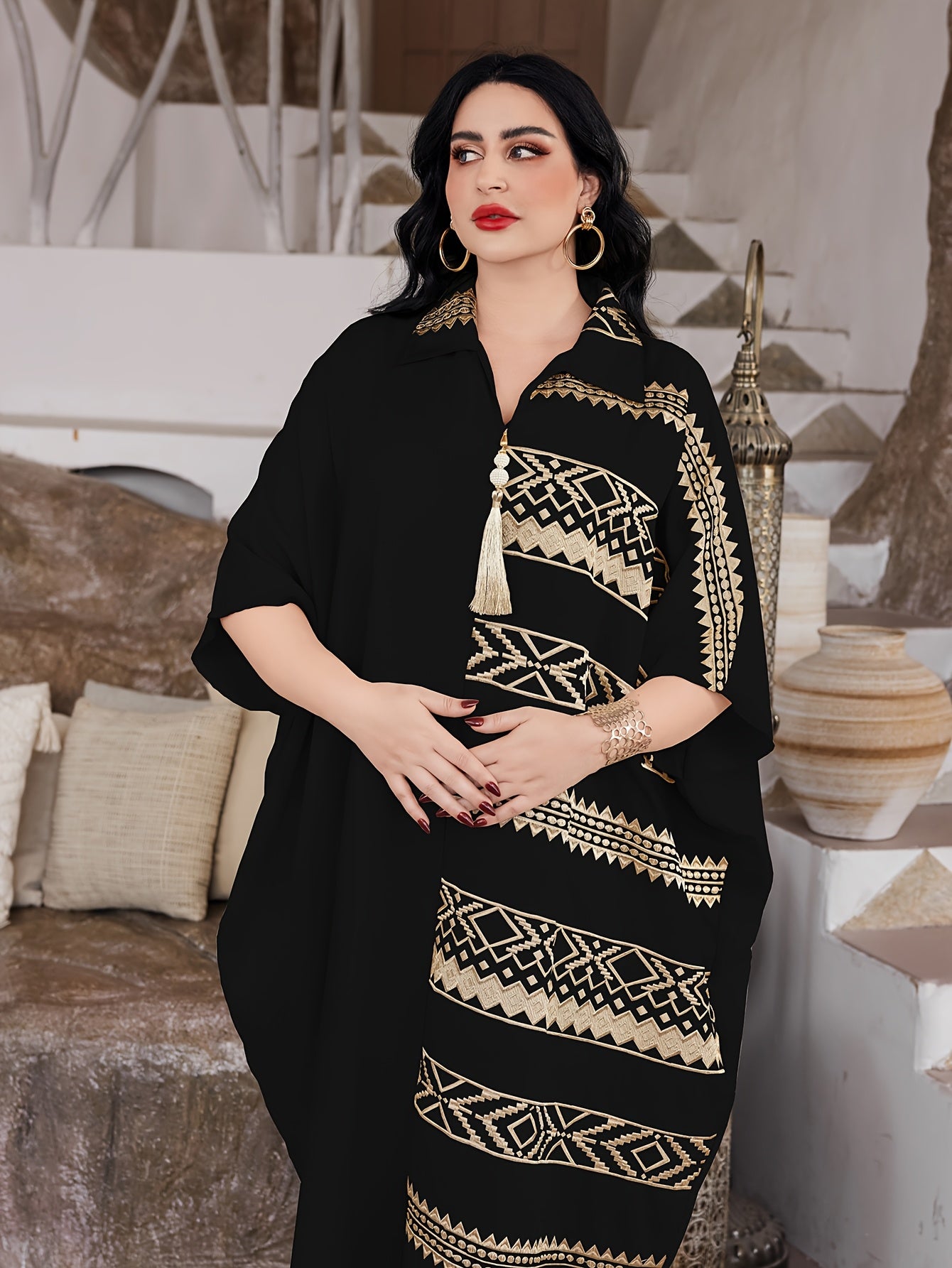 Elegant Ramadan Jalabia Dress - Golden & Black Geometric Embroidery,/MH