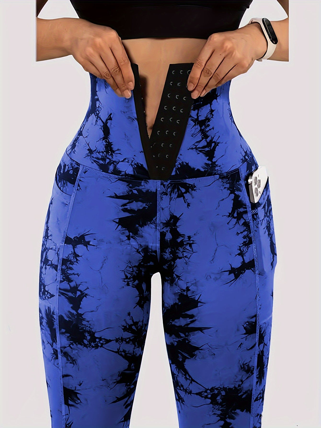 Women'S High-Waist Tie-Dye Yoga Leggings with Front Button Closure & Pockets .