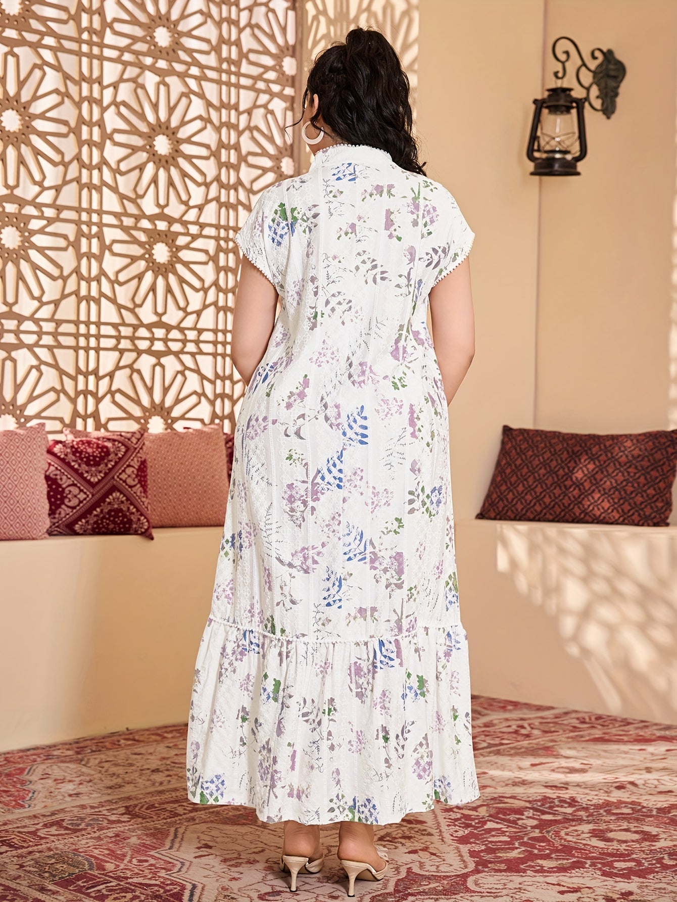 [Floral Jalabia Dress] Floral Print Elegant Jalabia Dress | V-Neck,/MH