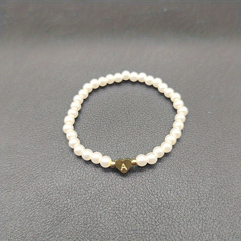 1pc Classic Initial A-Z Lettering Heart Faux Pearl Beaded Bracelet, Elegant Party Jewelry Birthday Gift For Teen Girls