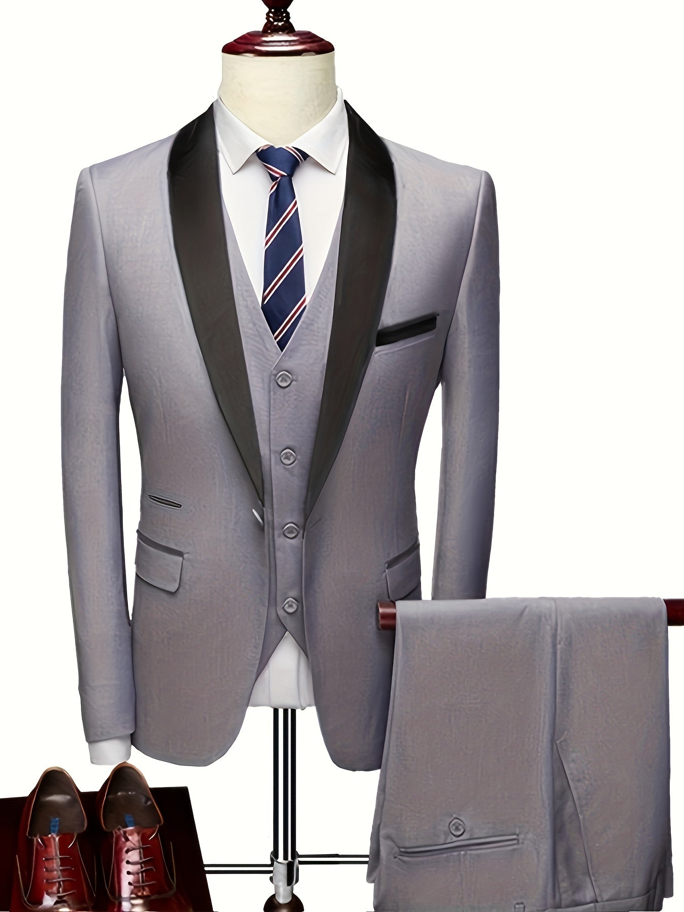 3pcs Classic Dress Suit Set For Men, Shawl Lapel Collar Buttoned Blazer,