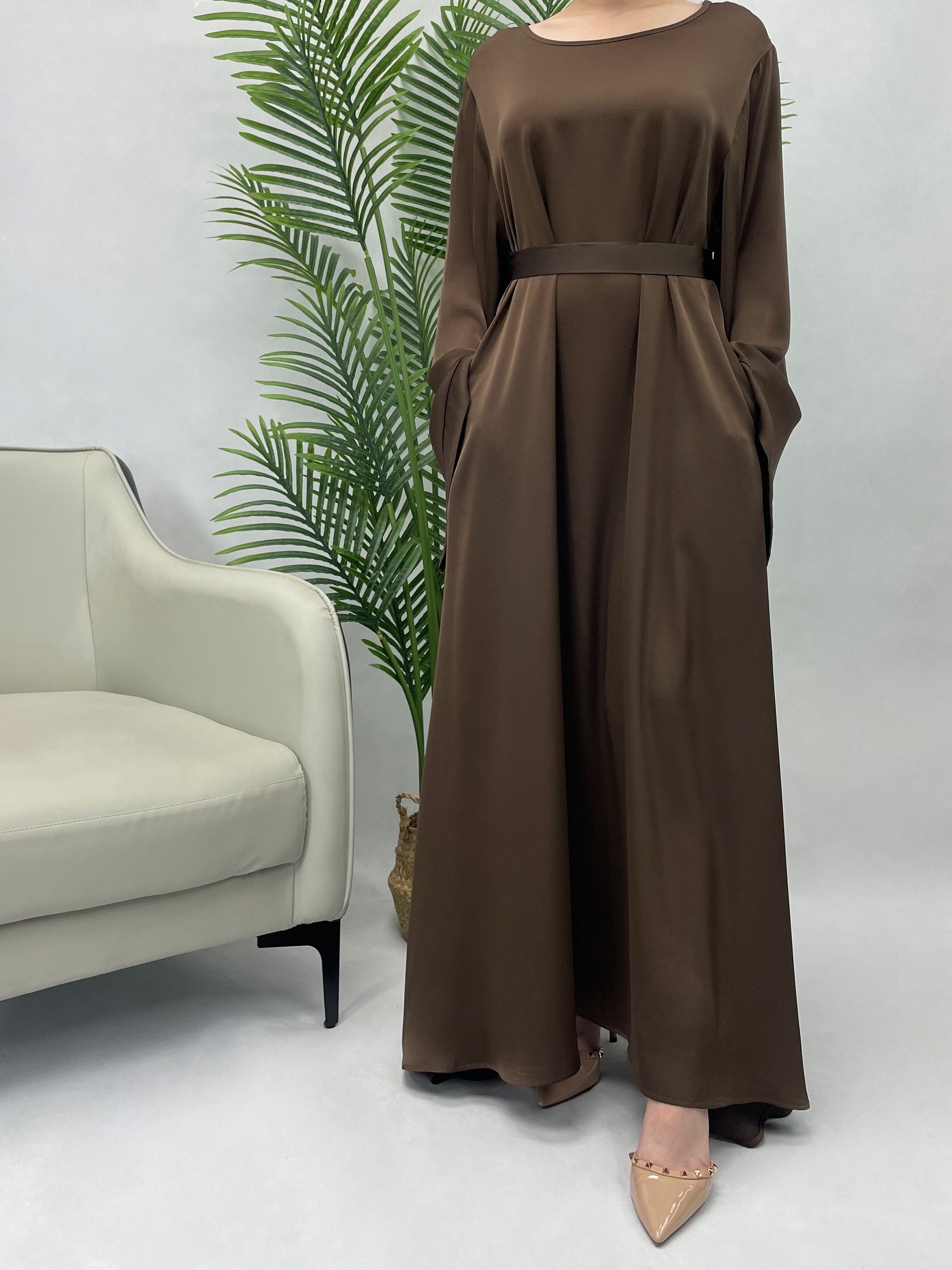 Solid Maxi Kaftan Abaya, Modest Crew Neck Long Sleeve ./MH
