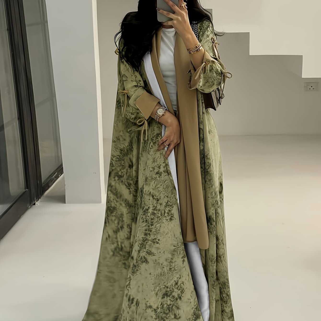 Women'S Elegant Blue Floral Print Chiffon Abaya with Golden Accents - / MH