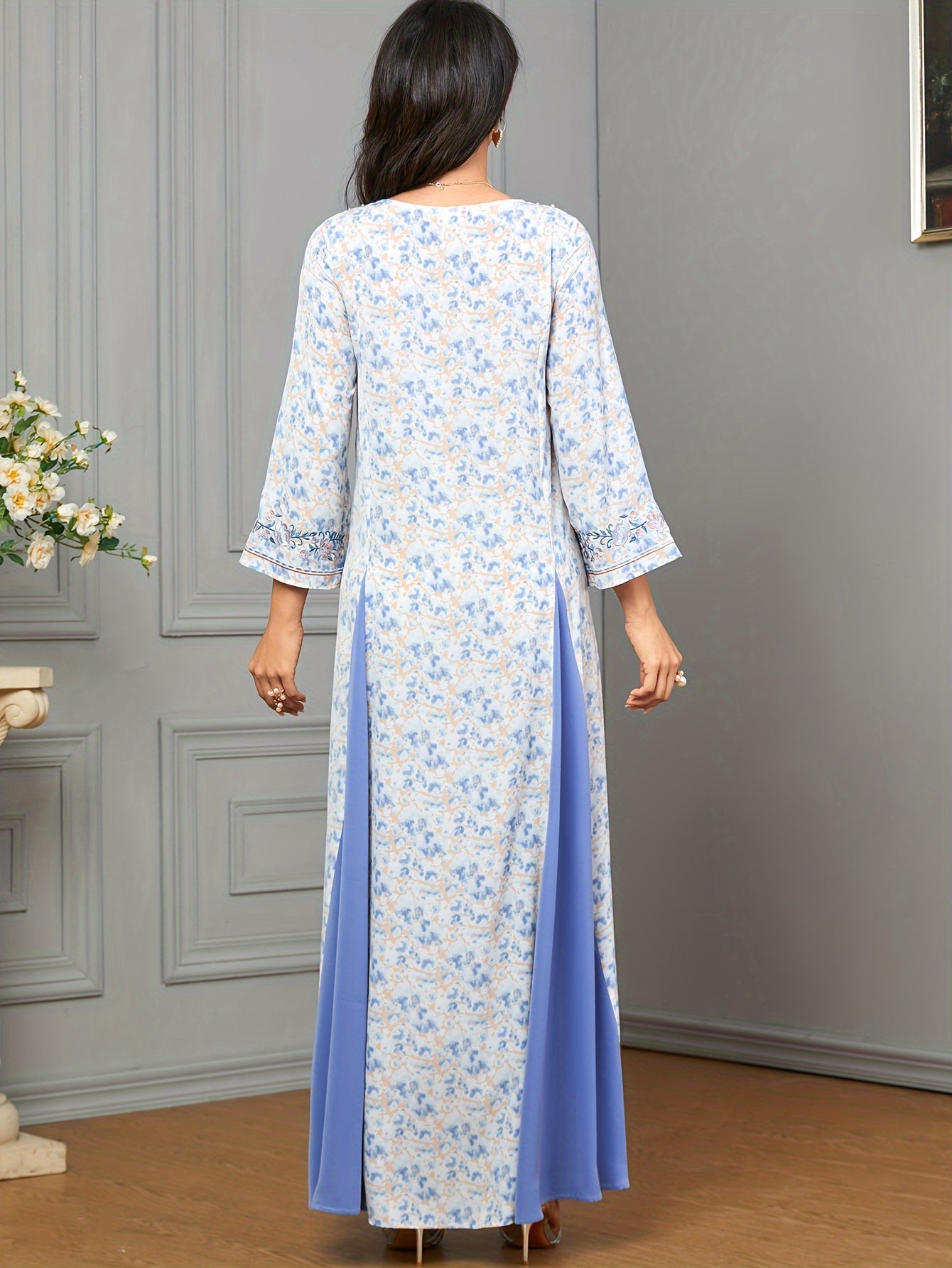 Contrast Stitching Crew Neck Kaftan, Elegant Long Sleeve '/MH