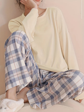 Plaid Print Crew Neck Pajamas Set,