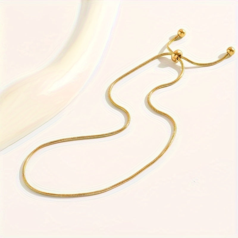 18K Gold Plated Adjustable Slider Anklet, Stainless Steel Snake Chain, Classic Retro & Bohemian Style Foot Jewelry For Women