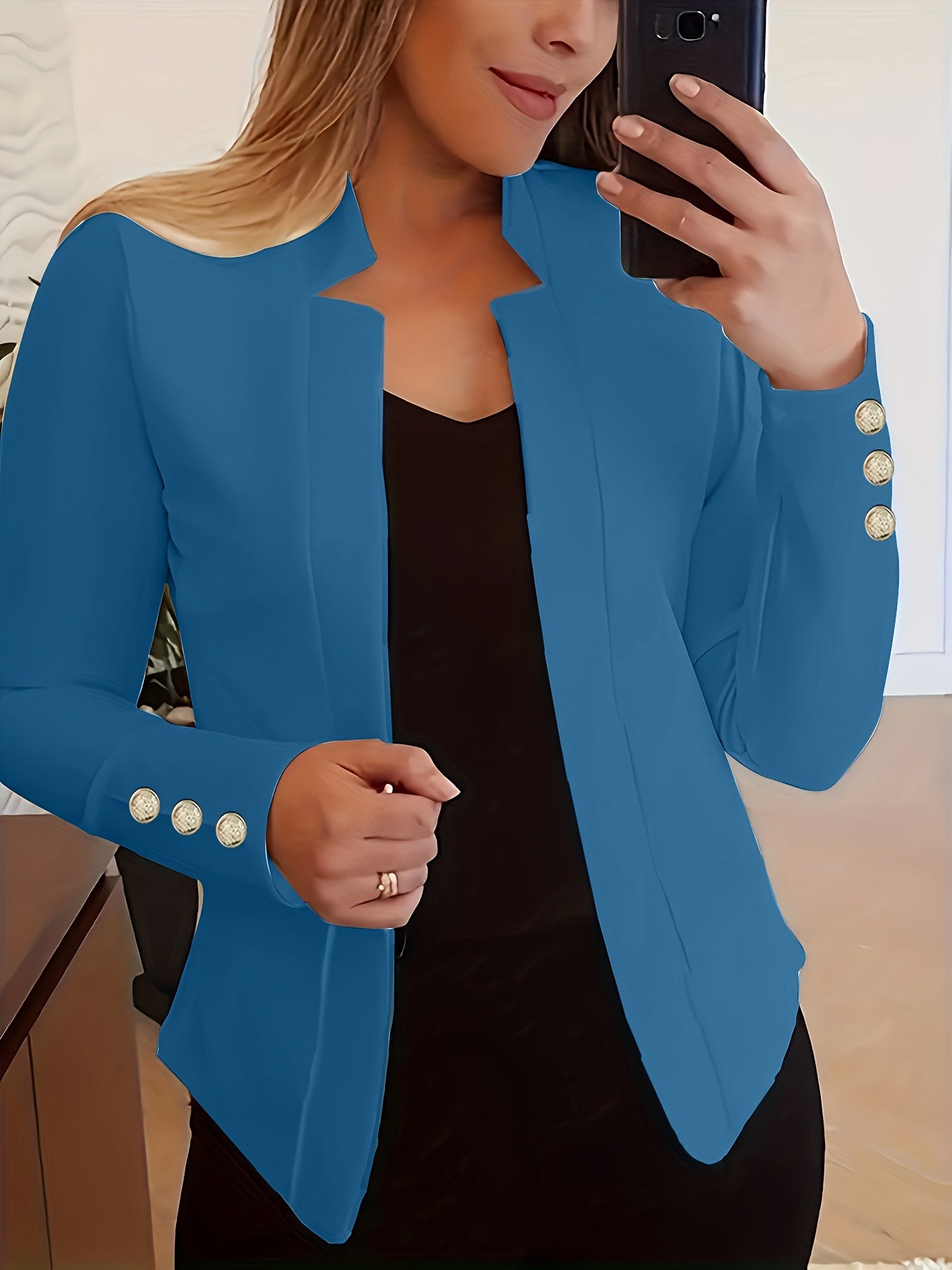 Solid Open Front Button Decor Blazer, Elegant Long Sleeve Blazer.