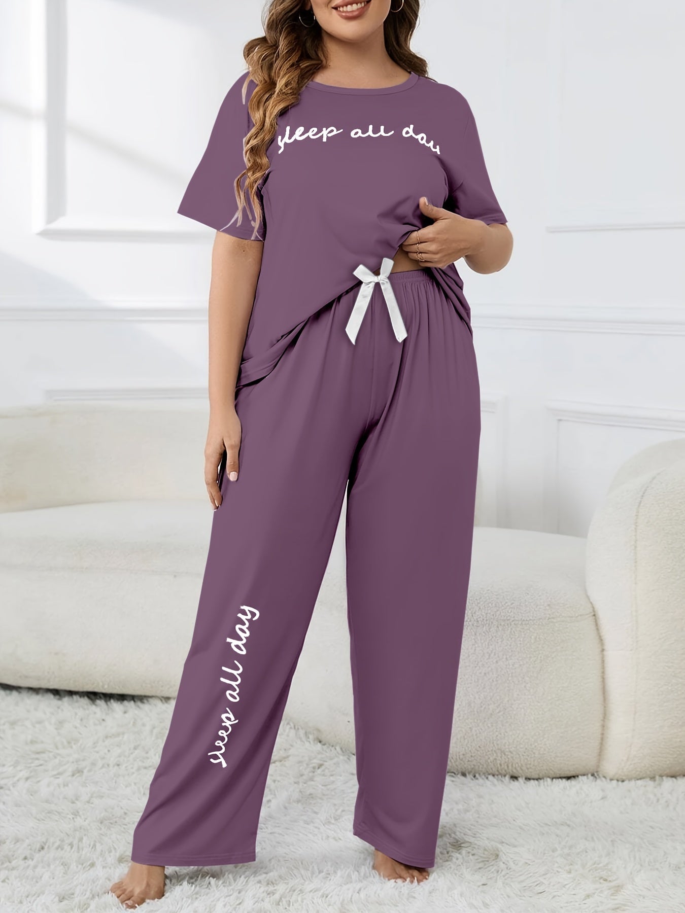 Plus Size Women's Cute Pajama Set, Plus Size Letter Print Short Sleeve Top and Pants Casual 2pcs, Plus Size Pajama Sets