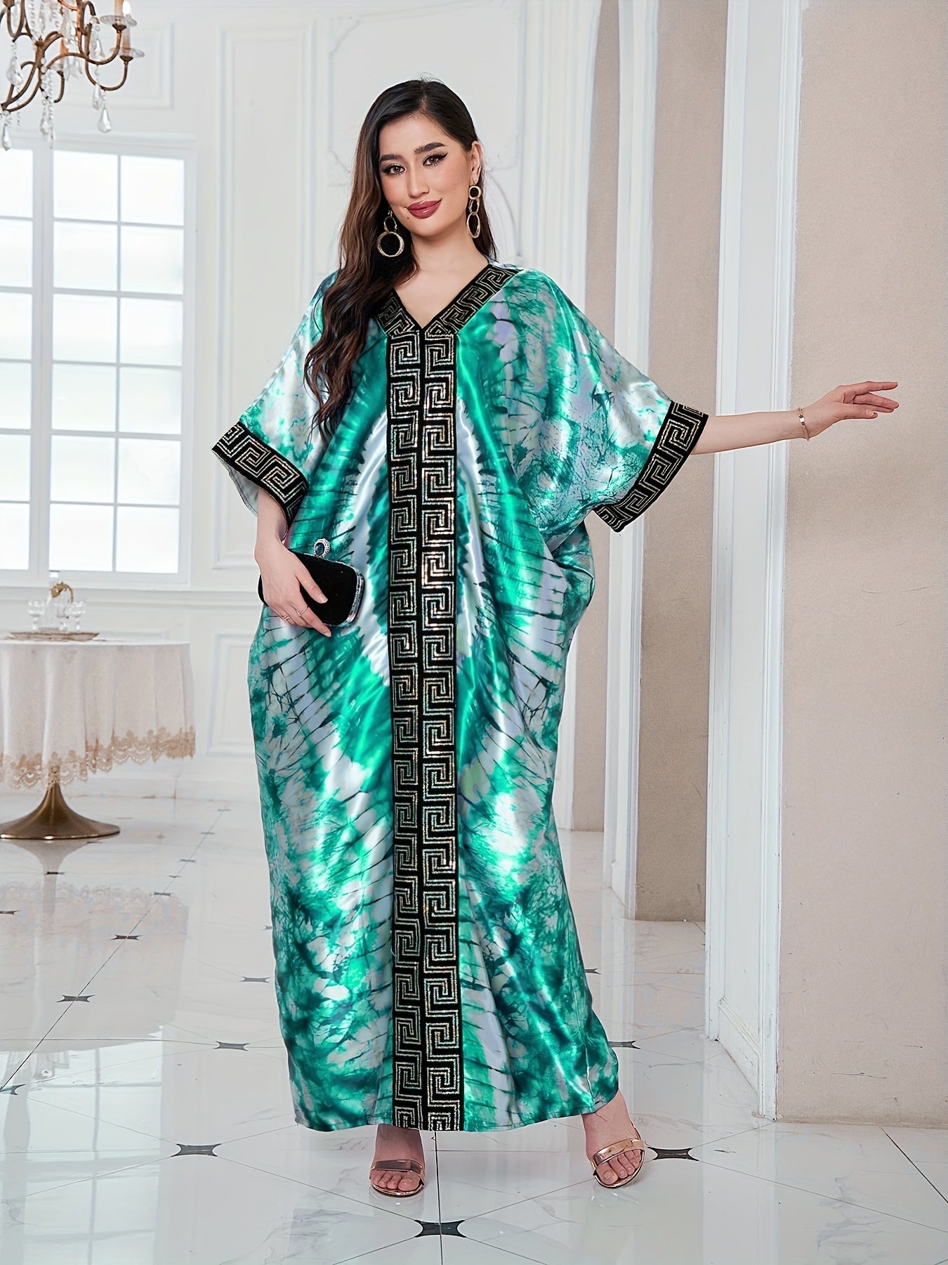 Abstract Print Greek Pattern Kaftan Dress, Elegant Half Sleeve'/MH