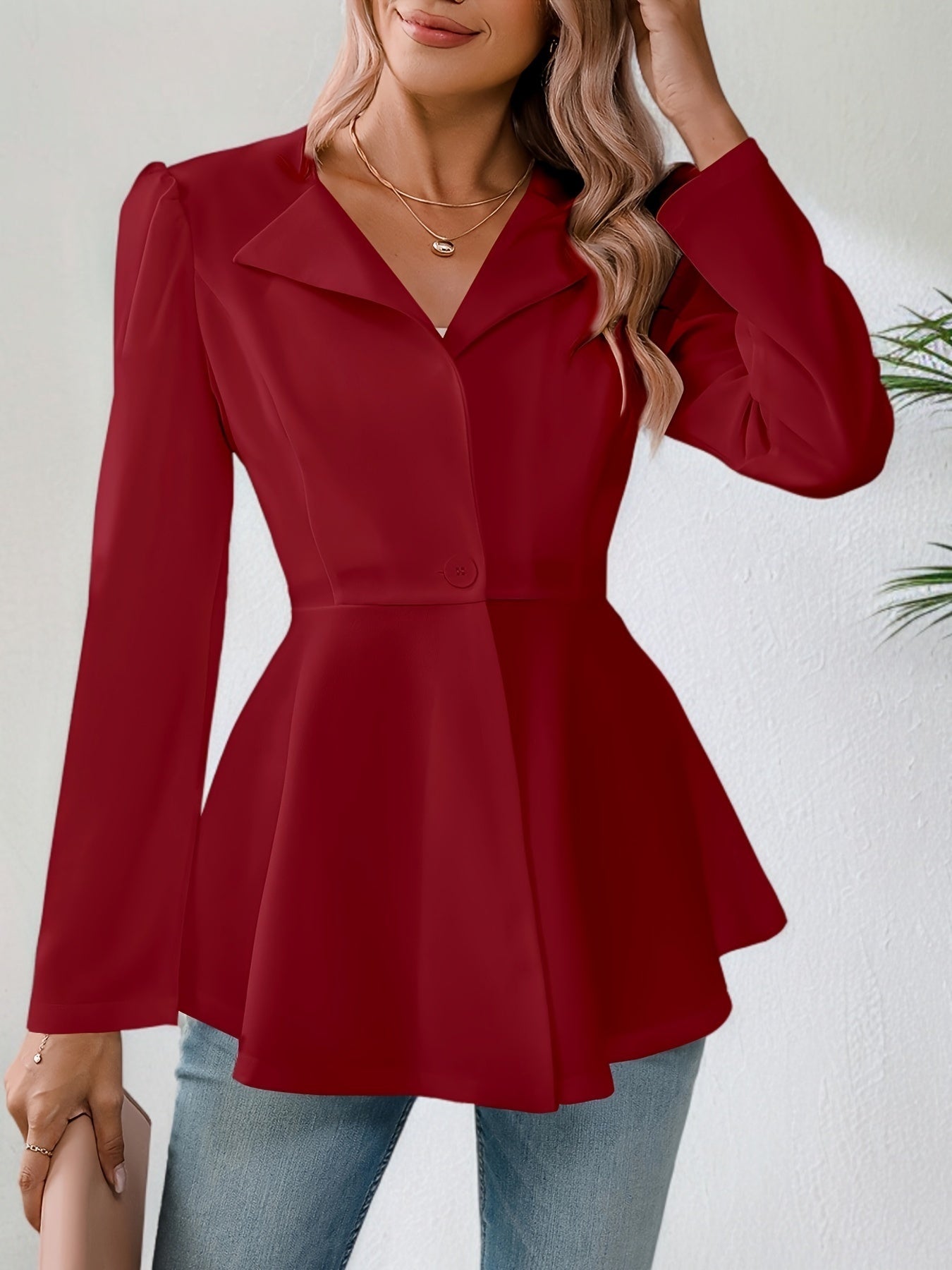 Notched Collar Flare Blazer, Elegant Long Sleeve Button Front Coat,