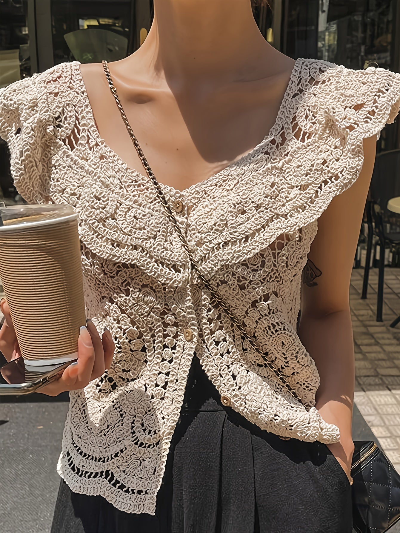 Solid Color Button Front Blouse, Boho Short Sleeve Cut Out Cardigans Top.