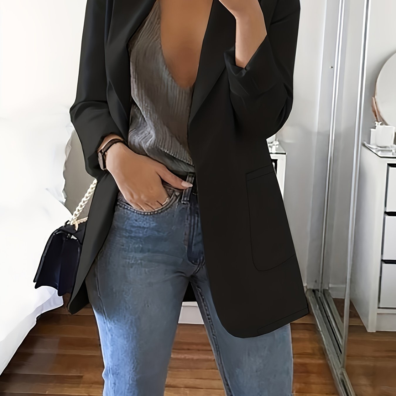 Solid Open Front Blazer, Elegant Lapel Long Sleeve Blazer.