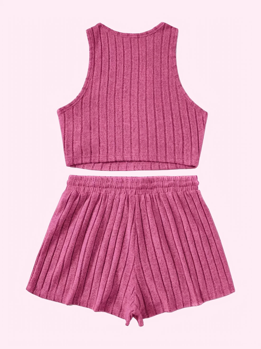 Ribbed Casual Two-piece Set, Crew Neck Sleeveless Tank Top & Drawstring Shorts Outfits, Women's Clothing