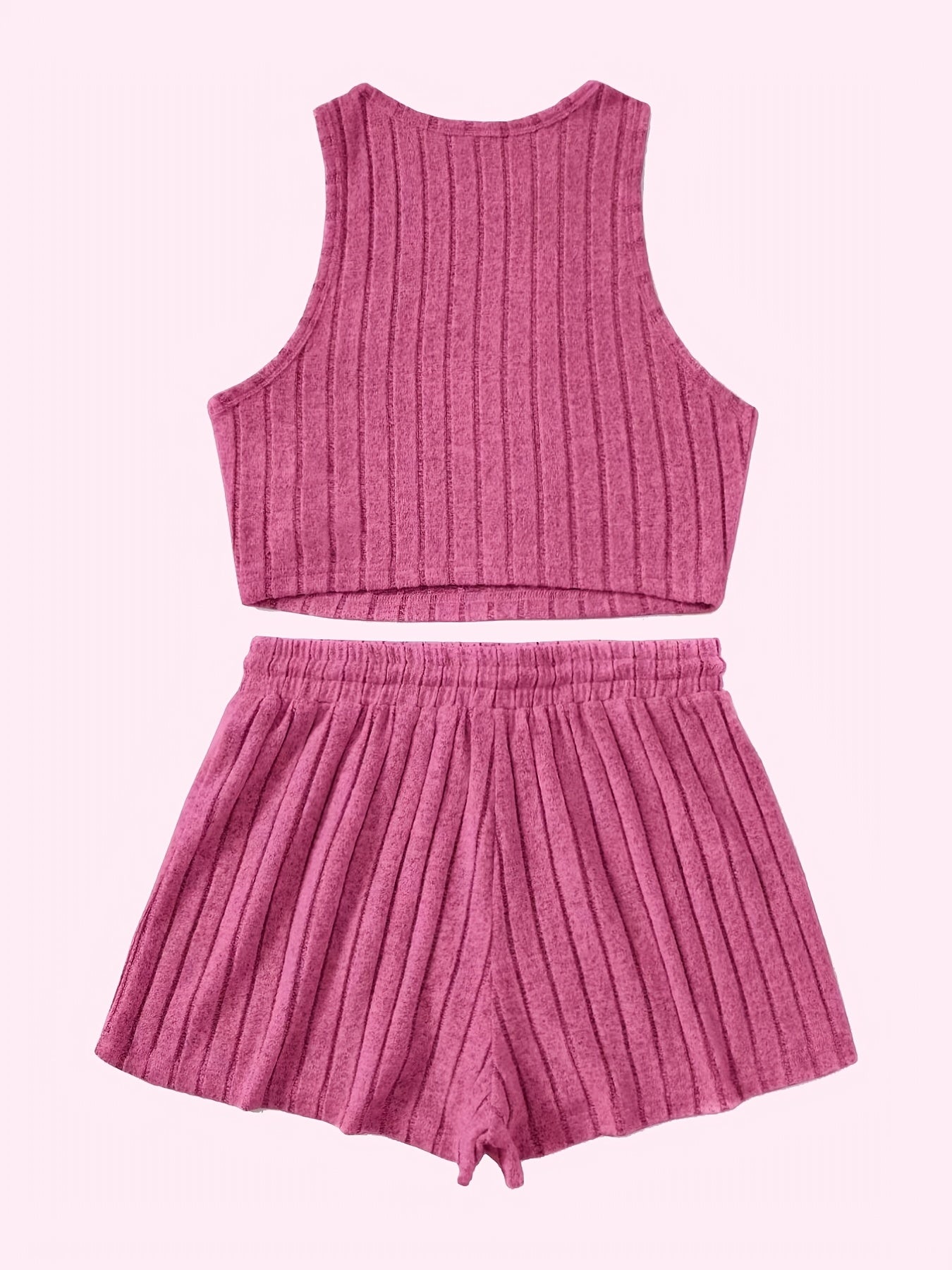 Ribbed Casual Two-piece Set, Crew Neck Sleeveless Tank Top & Drawstring Shorts Outfits, Women's Clothing
