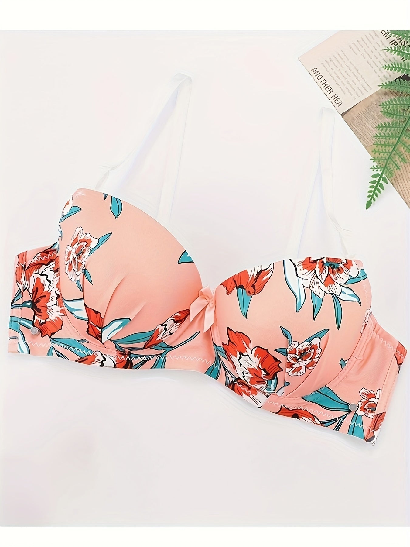 Floral Print Bra & Panty, Bow Decor Plunge Bra & Panties Lingerie Set, /MH