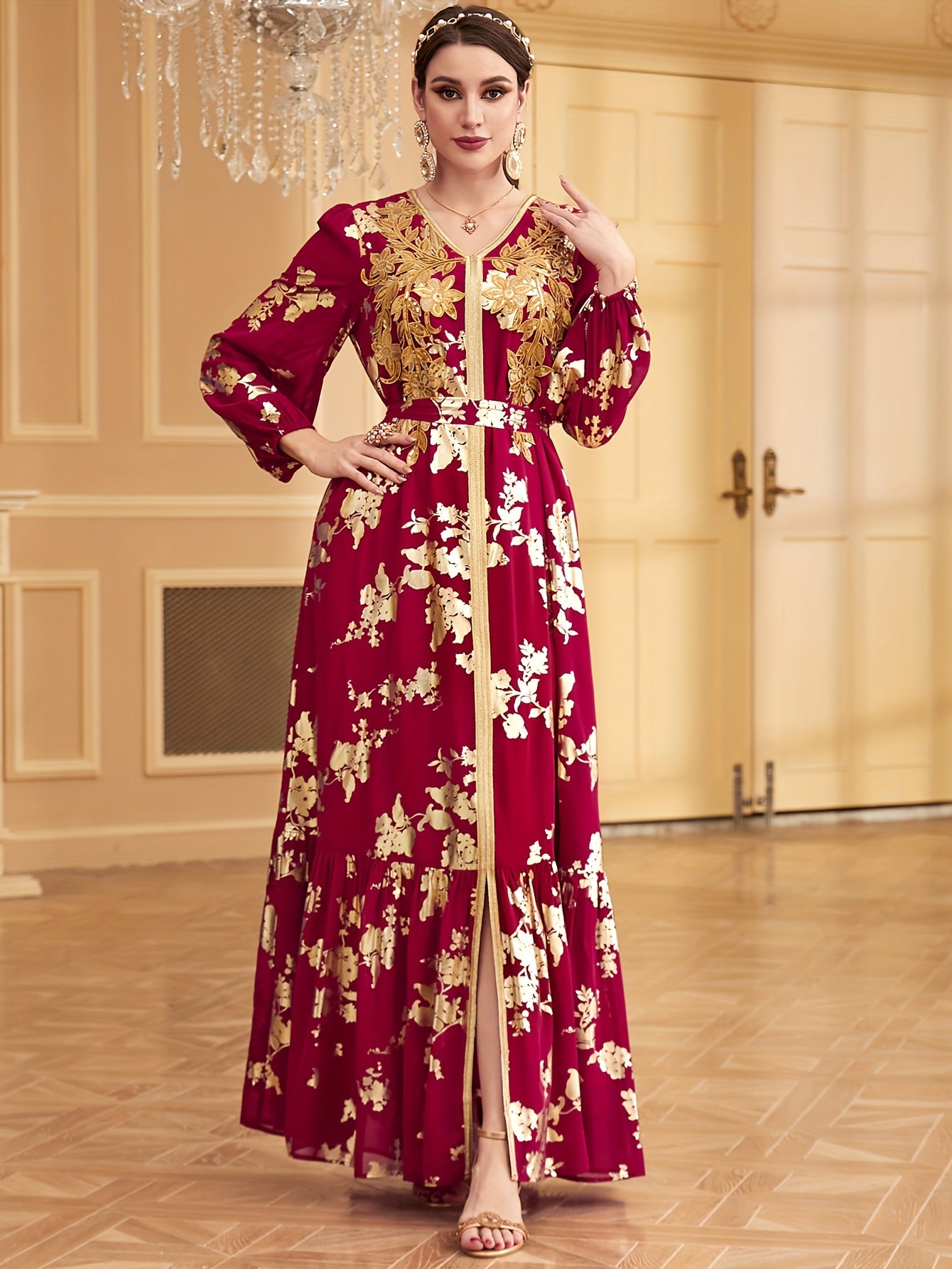 Bronzing V-neck Kaftan Dress, Elegant Long Sleeve 'MH