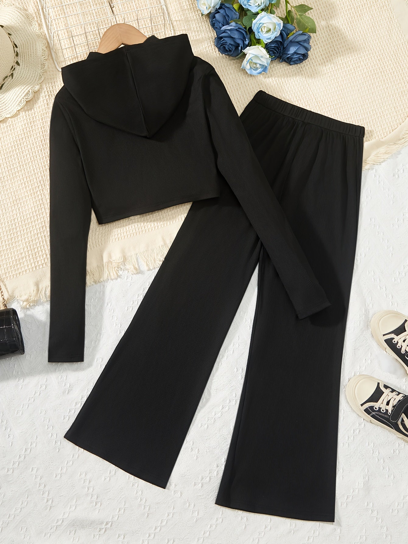 Elegant Girls Slim Outfits 2pc, Zip Hoodies + Loose Fit Flare Pants Kids Clothes.