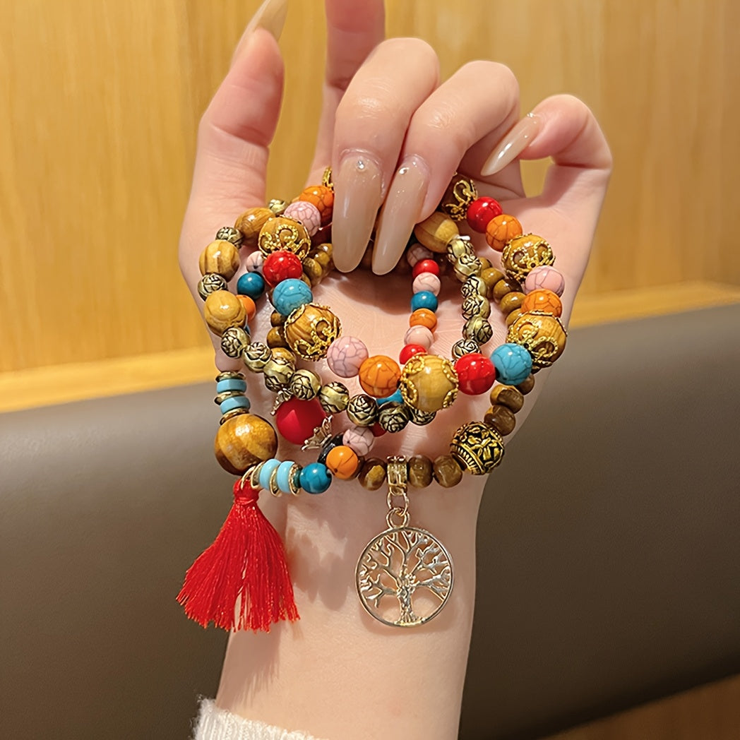 4pcs/set Tree Of Life Pendant Multilayer Beaded Bracelet Round Bead Wooden Bead Bracelet Bohemian Ethnic Jewelry Accessories Handmade -A Stylish Accessory, Father's Day Gift