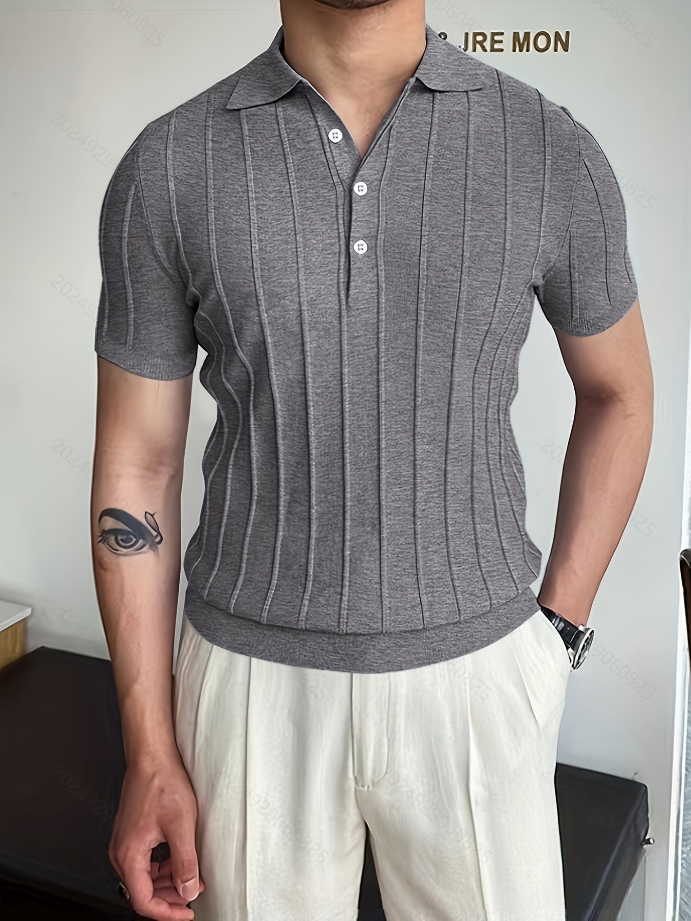 Vertical Striped Chic Shirt, Men's Casual Solid Color High Stretch .