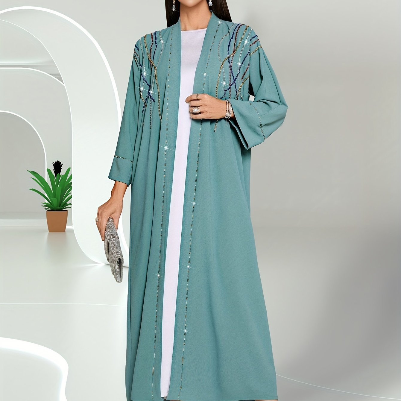 Rhinestone Open Front Kaftan, Elegant 3/4 Sleeve Outerwear'/MH