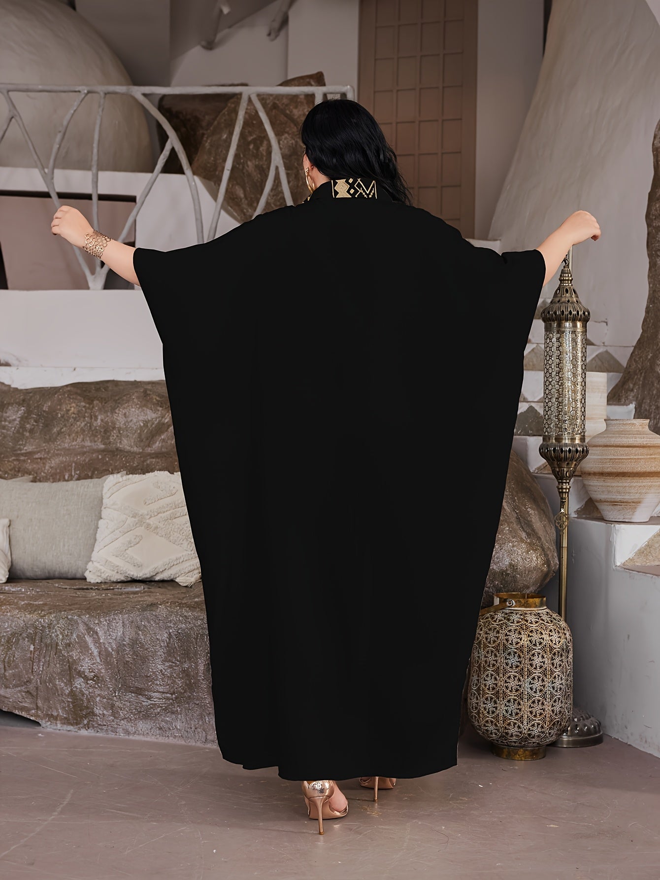 Elegant Ramadan Jalabia Dress - Golden & Black Geometric Embroidery,/MH