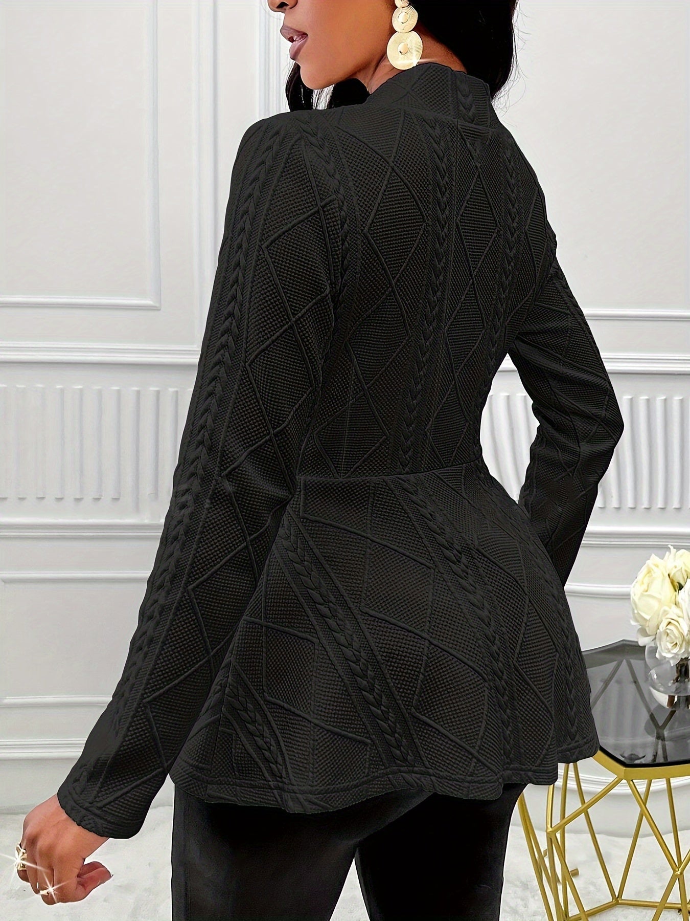 Solid Textured Single Button Waist Blazer, Elegant Long Sleeve .