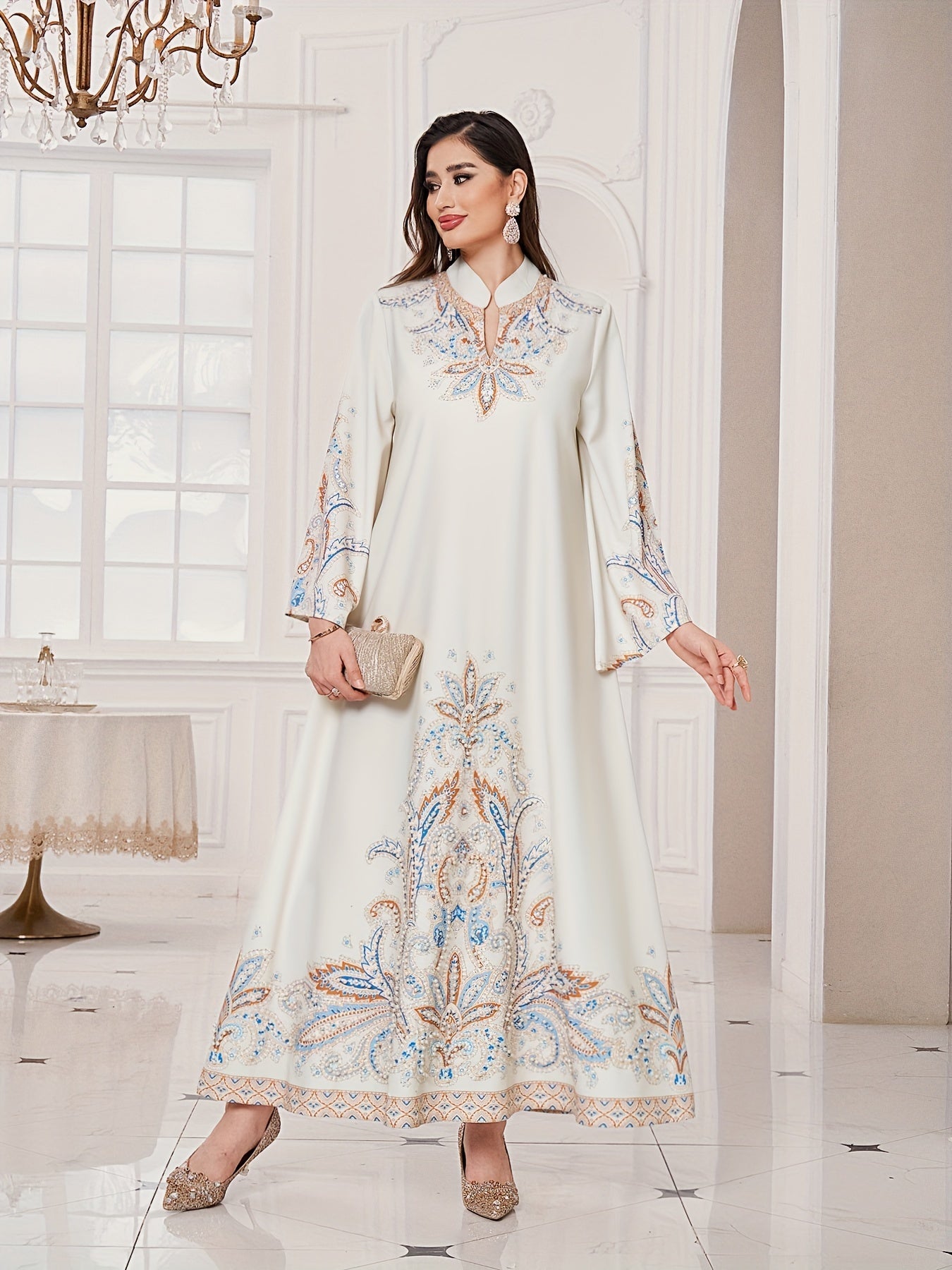 Floral Print Mock Neck Long Sleeve Kaftan Dress, /MH