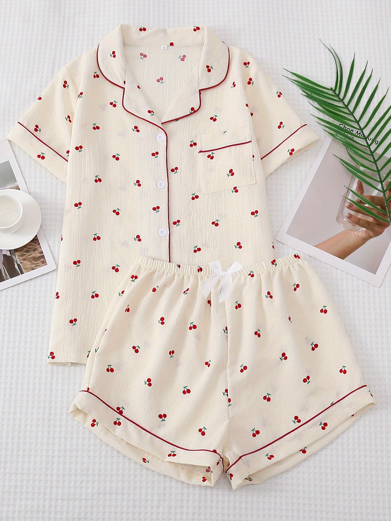 Cherry Print Pajama Set, Sweet & Cute Lapel Buttons Top And Bow Shorts, Women's Sleepwear & Loungewear