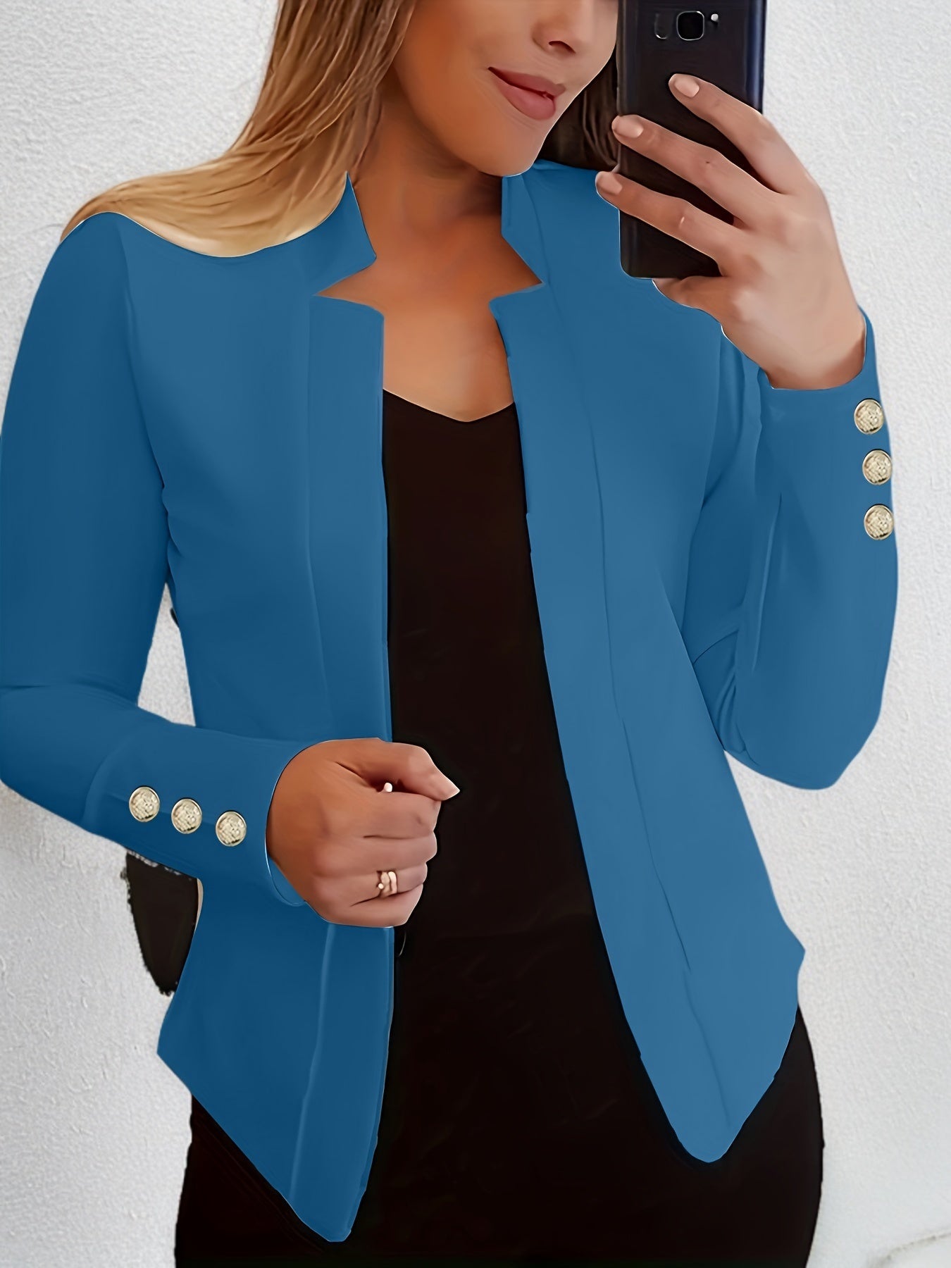 Solid Open Front Button Decor Blazer, Elegant Long Sleeve Blazer.