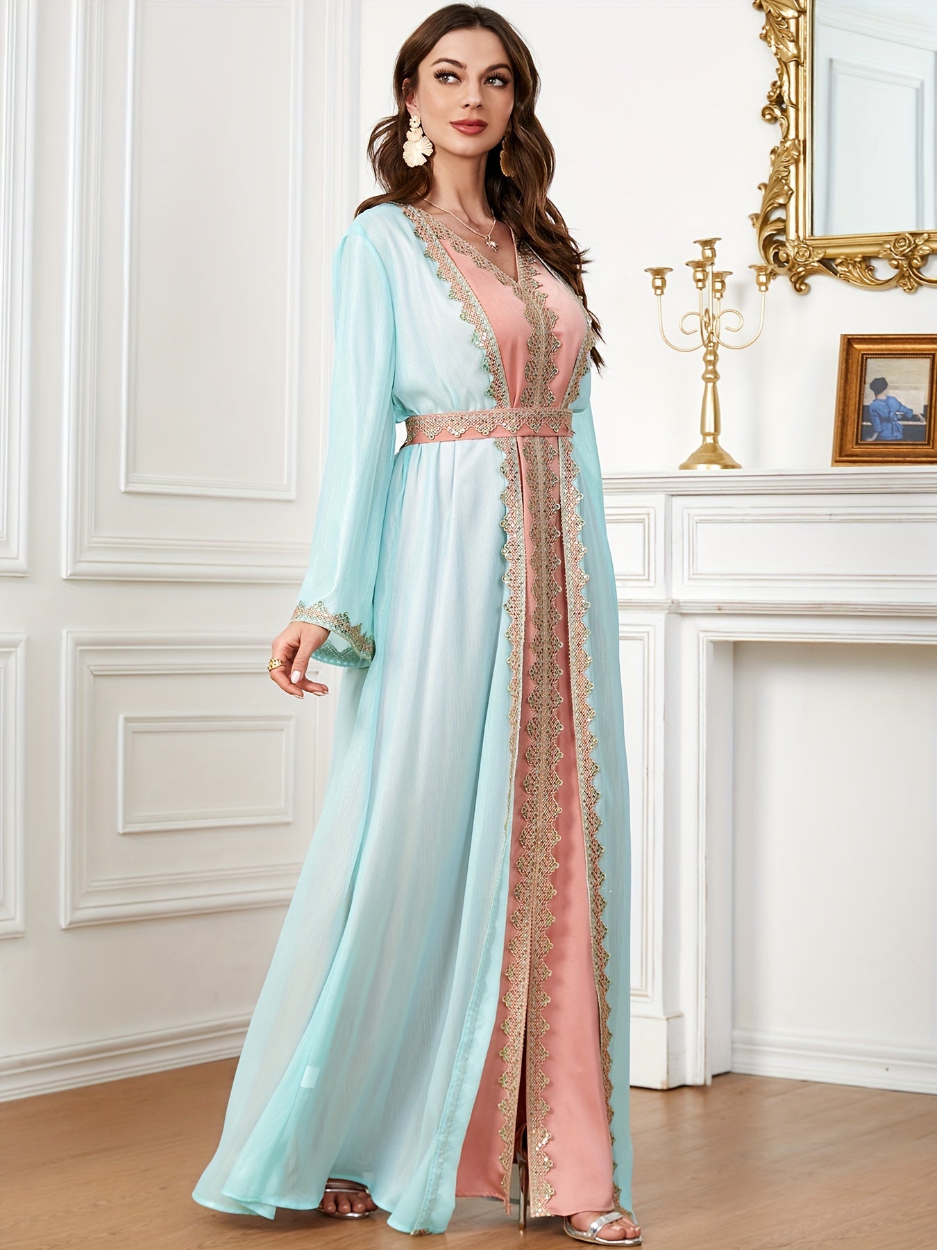 Contrast Lace Long Sleeve Kaftan Dress, Elegant V Neck '/MH