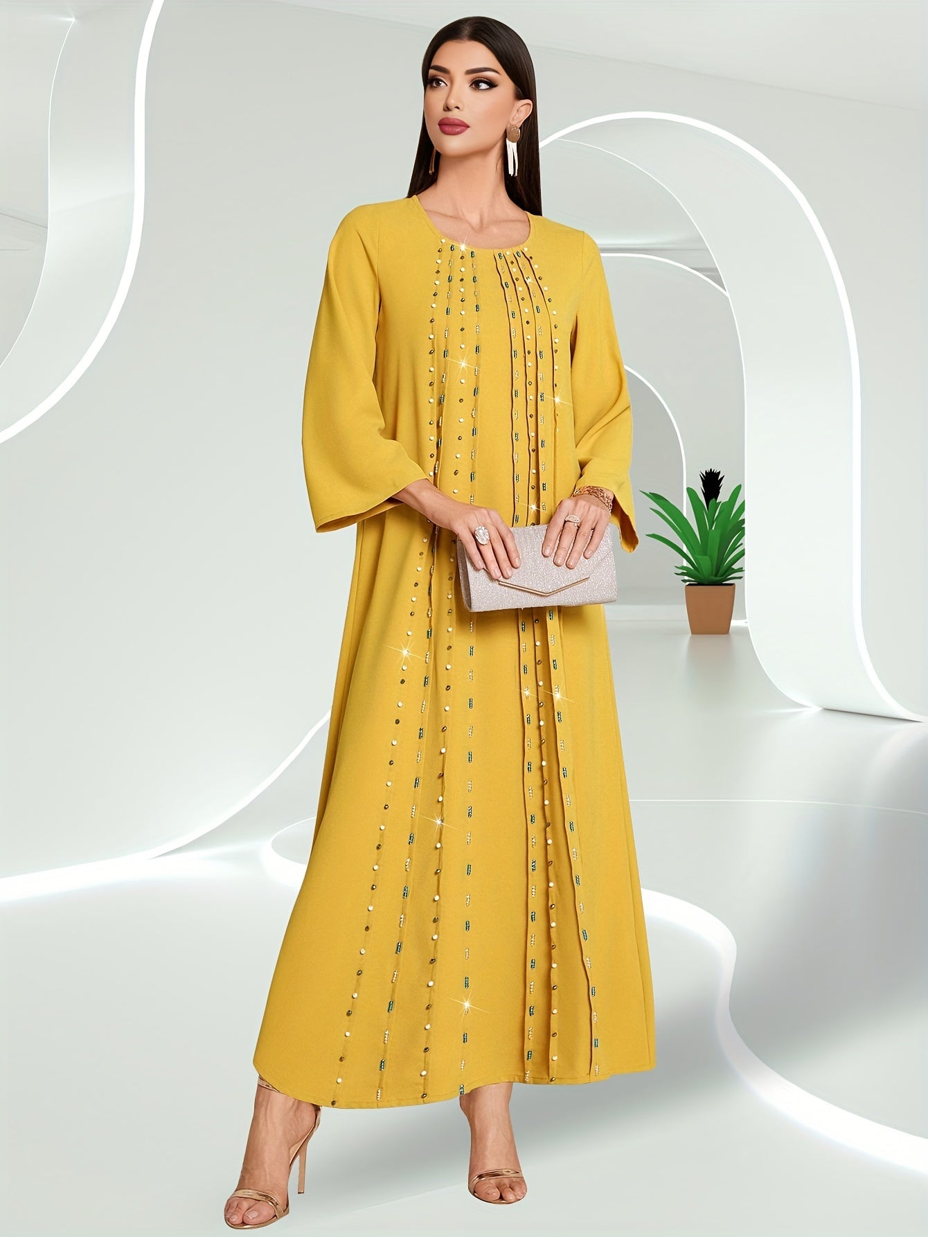 Bead Decor Crew Neck Kaftan Dress, Elegant Long Sleeve'/MH