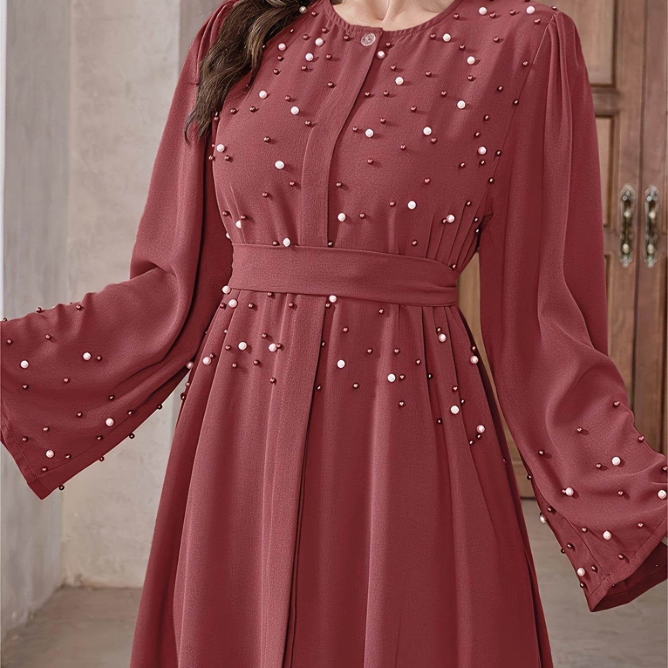 Elegant Navy Blue Abaya with Pearl Embellishments and Belt -/MH