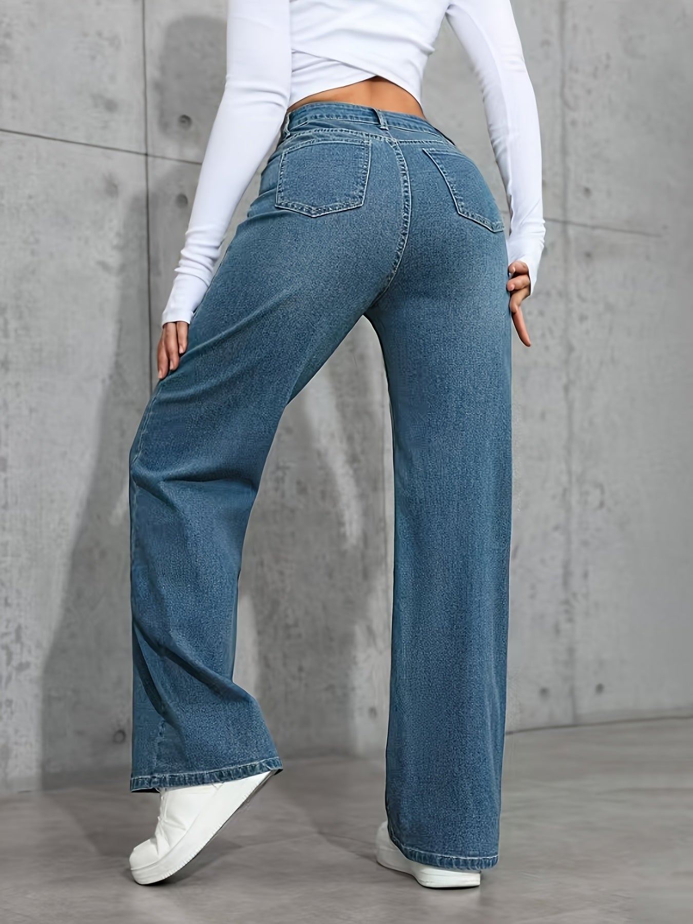 Fashion versatile blue high-waisted stretchy loose straight-leg Women's denim trousers./MH