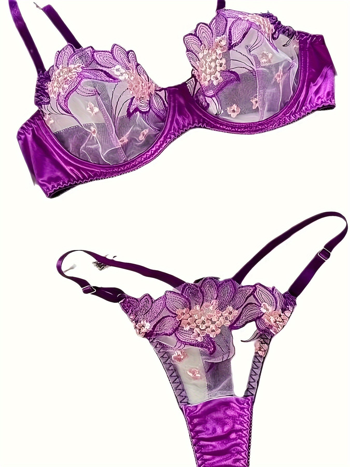 Flower Pattern Spaghetti Straps Lingerie Set For Women, Bra And Thong,/MH
