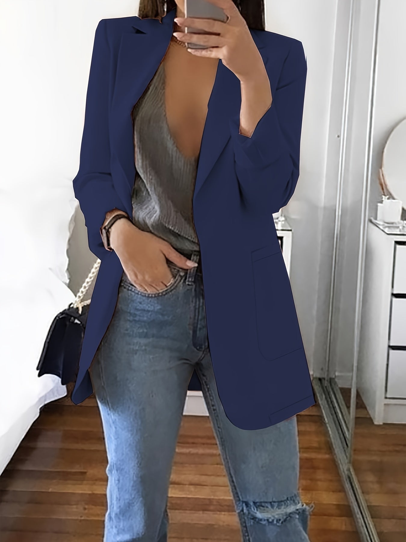Solid Open Front Blazer, Elegant Lapel Long Sleeve Blazer.