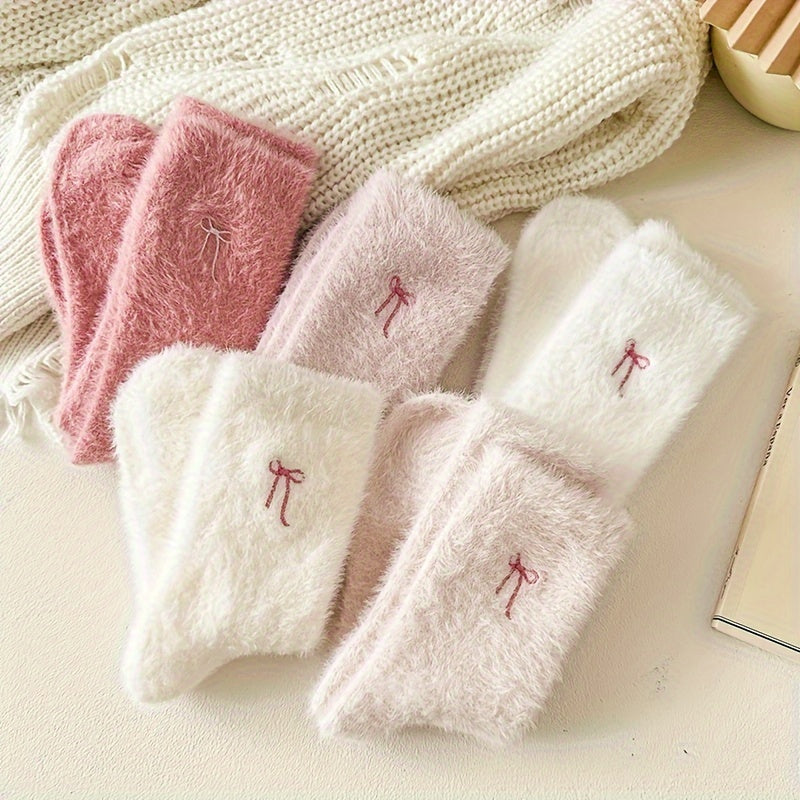 5pcs Women's Cozy Pink Bowknot Plush Socks - /MH