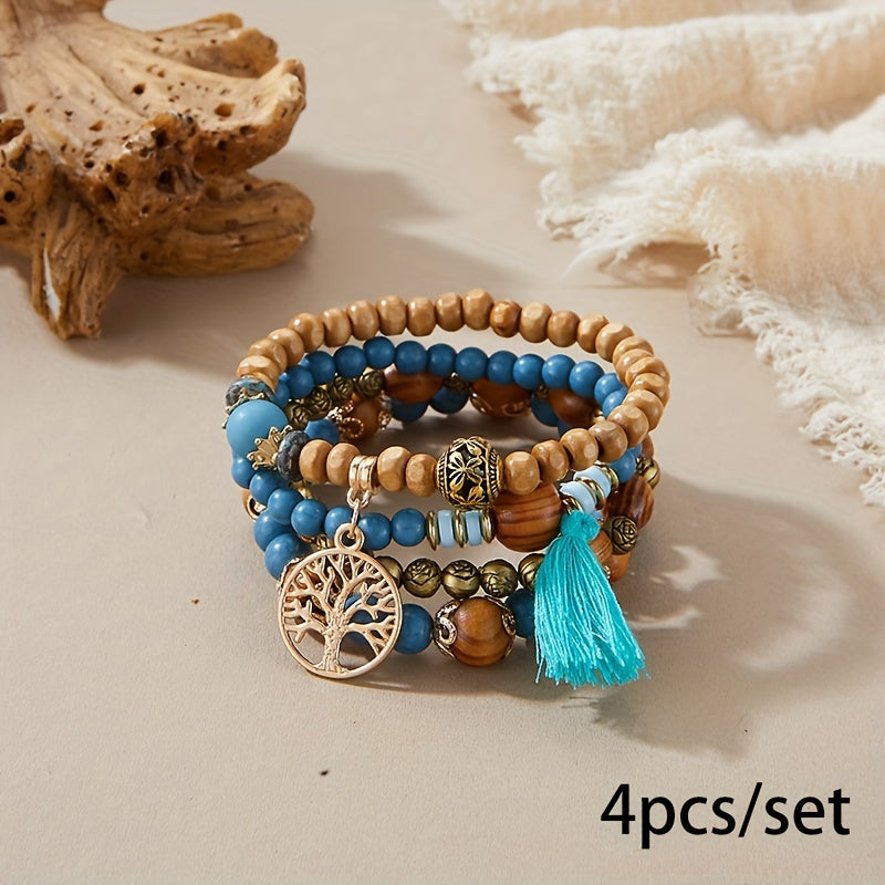 4pcs/set Tree Of Life Pendant Multilayer Beaded Bracelet Round Bead Wooden Bead Bracelet Bohemian Ethnic Jewelry Accessories Handmade -A Stylish Accessory, Father's Day Gift